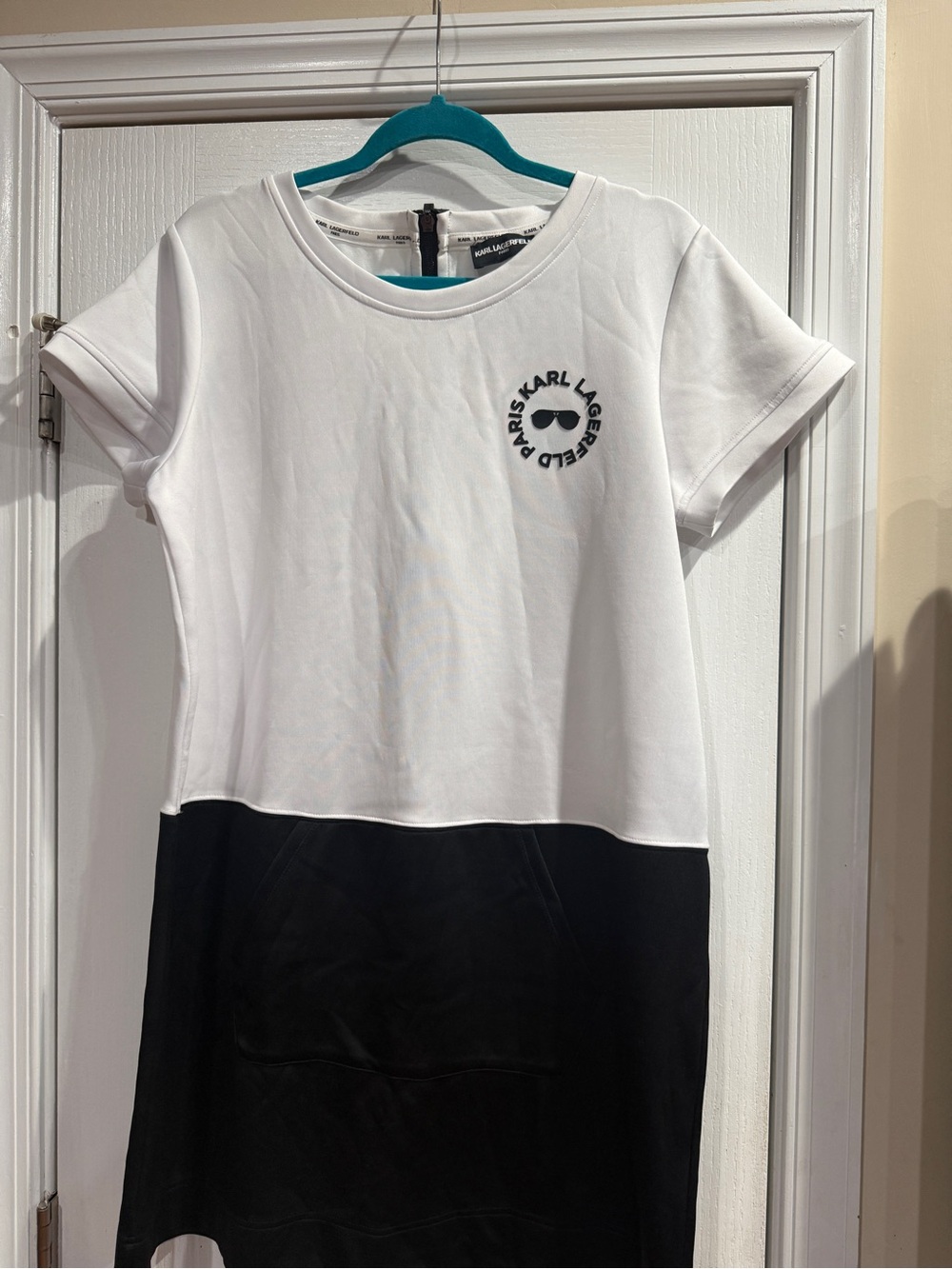 Karl Lagerfeld White and Black Short Sleeve Colorblock Tee Dress with Logo